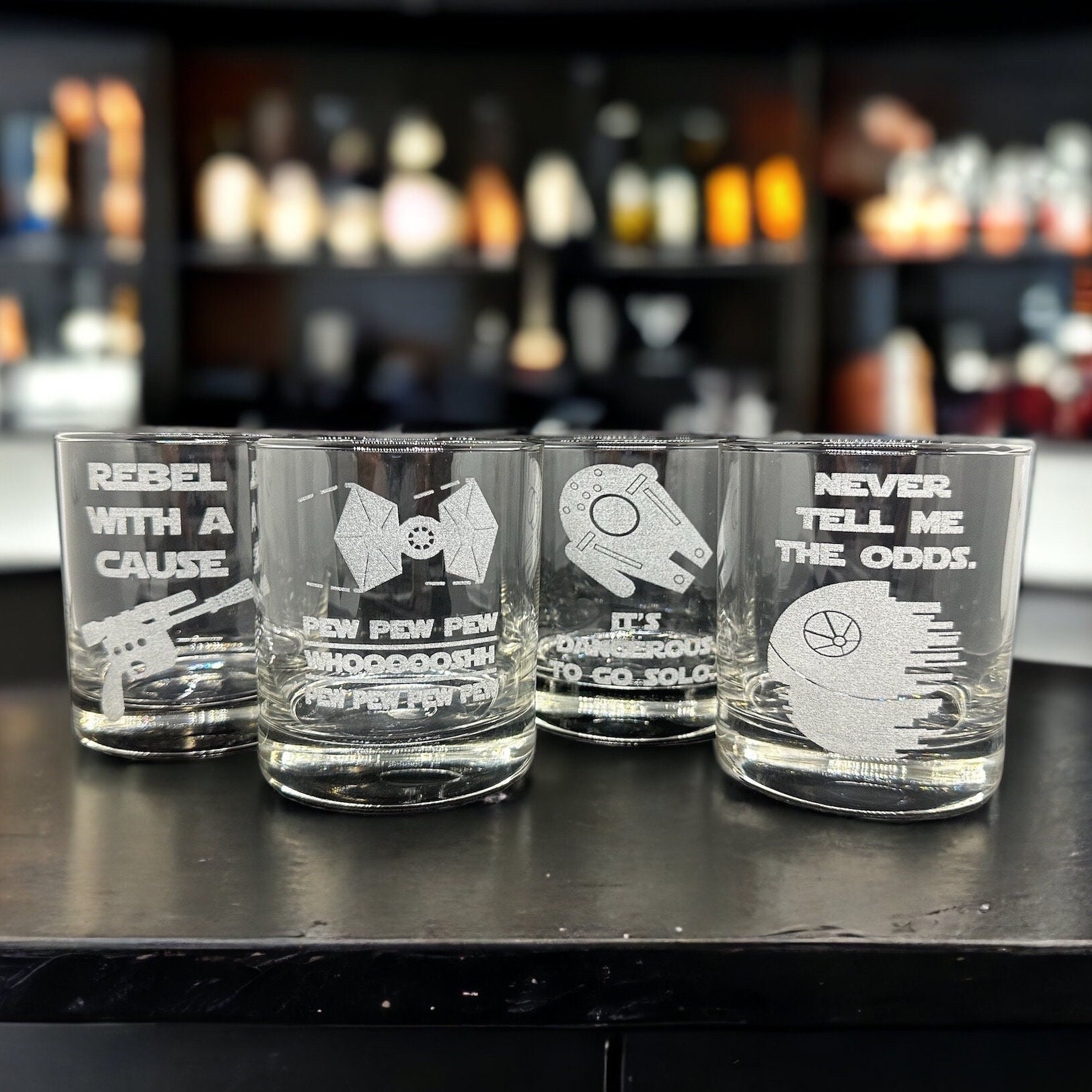 Pew Pew Pew Whoosh Wars Whiskey Glass Set of 4, Engraved Funny Sci-fi Space  Star Noises Wars Rocks Glasses