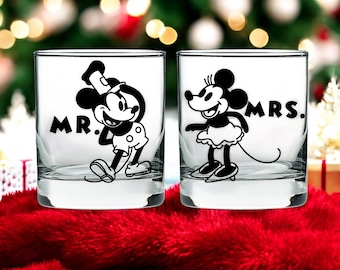 M. et Mme lunettes Mickey et Minnie - verres gravés pour cadeau de mariage Mickey et Minnie, bateau à vapeur Willie, Mickey Minnie Valentine