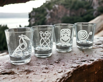 Puerto Rico Gifts Shot Glasses, Taino Indians Symbols Engraved Set of 4: Taino Baby, Taino Snail, Taino Woman, Taino Bird, Puerto Rico Gifts