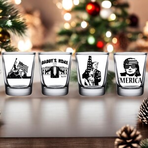 Trump Shot Glass Gift Set of 4: ENGRAVED Custom Trump Gift, Funny President Trump Father&#39;s Day Gift or Trump Gifts for Dad