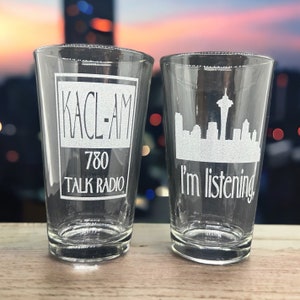 Frasier Pint Glass Set of 2: KACL and I'm Listening with Seattle Skyline Frasier Mother's Day Gift, Gift for Mom Frasier Gifts, TV Show Fan