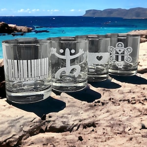 Puerto Rico gift Rum Glass Set of 4: Coqui, Made in Puerto Rico, Puerto Rico Map & Taino Sun, Engraved Rocks Glass Puerto Rican Gifts