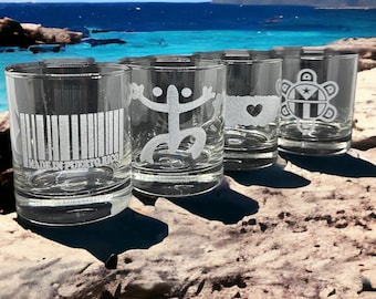Puerto Rico gift Rum Glass Set of 4: Coqui, Made in Puerto Rico, Puerto Rico Map & Taino Sun, Engraved Rocks Glass Puerto Rican Gifts