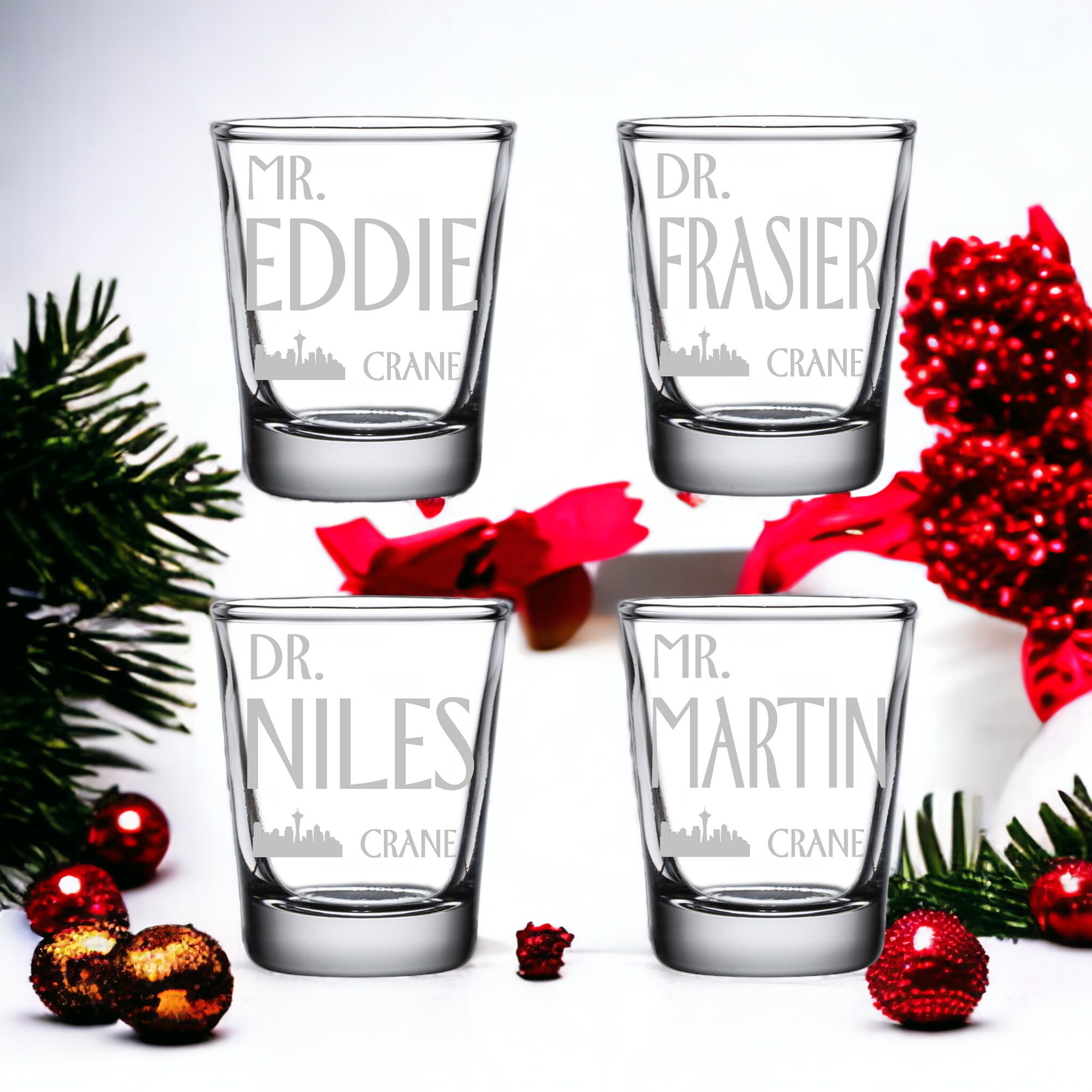 Frasier Gift Shot Glass Set de 4, Frasier Regalo de Navidad para fanáticos de programas de televisión: Dr. Frasier Crane, Niles, Martin, Eddie Frasier Gifts Frasier Game