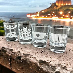 Puerto Rico Shot Glasses Engraved Taino Sun, Made in Puerto Rico, Coqui & Map - Perfect Coquito Glass or Puerto Rican Christmas Gifts