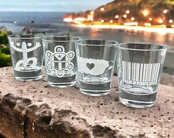 Puerto Rico gift shot glasses. Taino sun, Made in Puerto Rico barcode, coqui and Puerto Rico map. Boricua Gifts Puerto Rican Pride Gifts