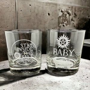 Supernatural Gift SPN Rocks Glass Set of 2: Anti-Possession Salt Ring Dean Winchester&#39;s Baby Engraved Supernatural Gifts Barware