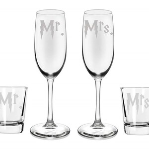 Mr. Mrs. Wedding Toasting Flutes & Shot Glass Set of 4 Engraved Glassware Gift Potter Wedding Gift Couples Gift Anniversary Gift HP Always