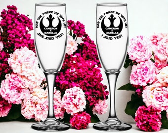Star Wars Engagement Gift, Personalized Toasting Flutes Star Wars Wedding Gift May the Force Star Wars Engagement Announcement Gift Set of 2