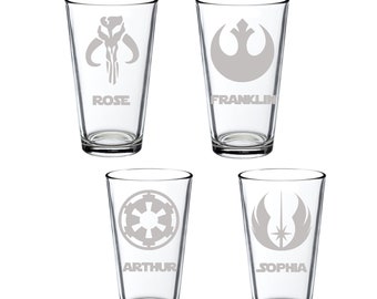 Personalized Star Wars Inspired Pint Glass Set of 4 Rebel, Mandalorian Jedi Order Galactic Empire Star Wars Gift Beer Glass Drinking Glasses