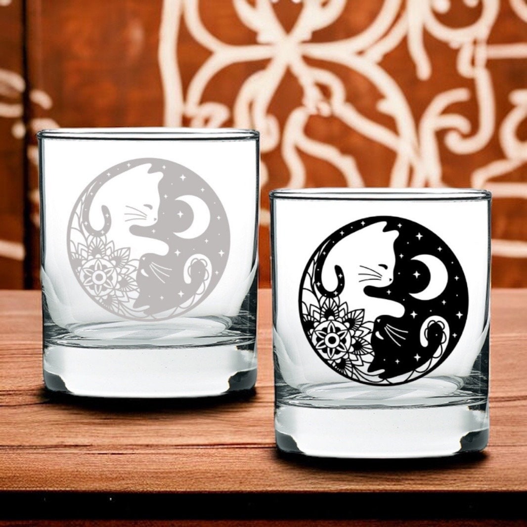 Cute Cats Ying and Yang Being Cats Rocks Glass. Permanent Laser ...