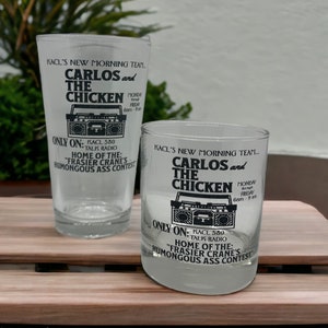Frasier gift Pint Glass and Rock Glass Set. Permanent engraved glassware featuring the iconic Carlos and Chicken episode.  Dishwasher safe.