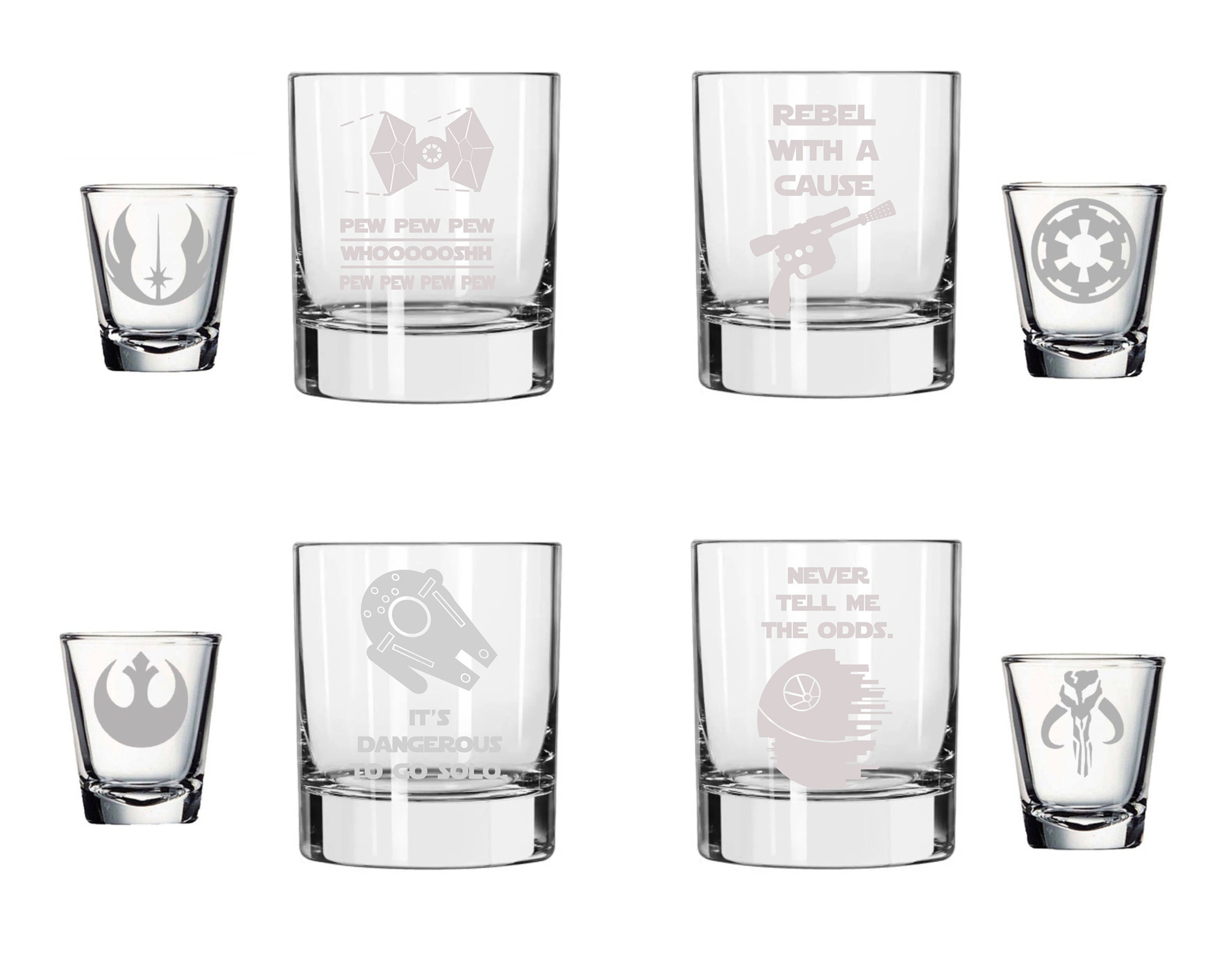 Pew Pew Pew Whoosh Wars Whiskey Glass Set of 4, Engraved Funny Sci-fi Space  Star Noises Wars Rocks Glasses 