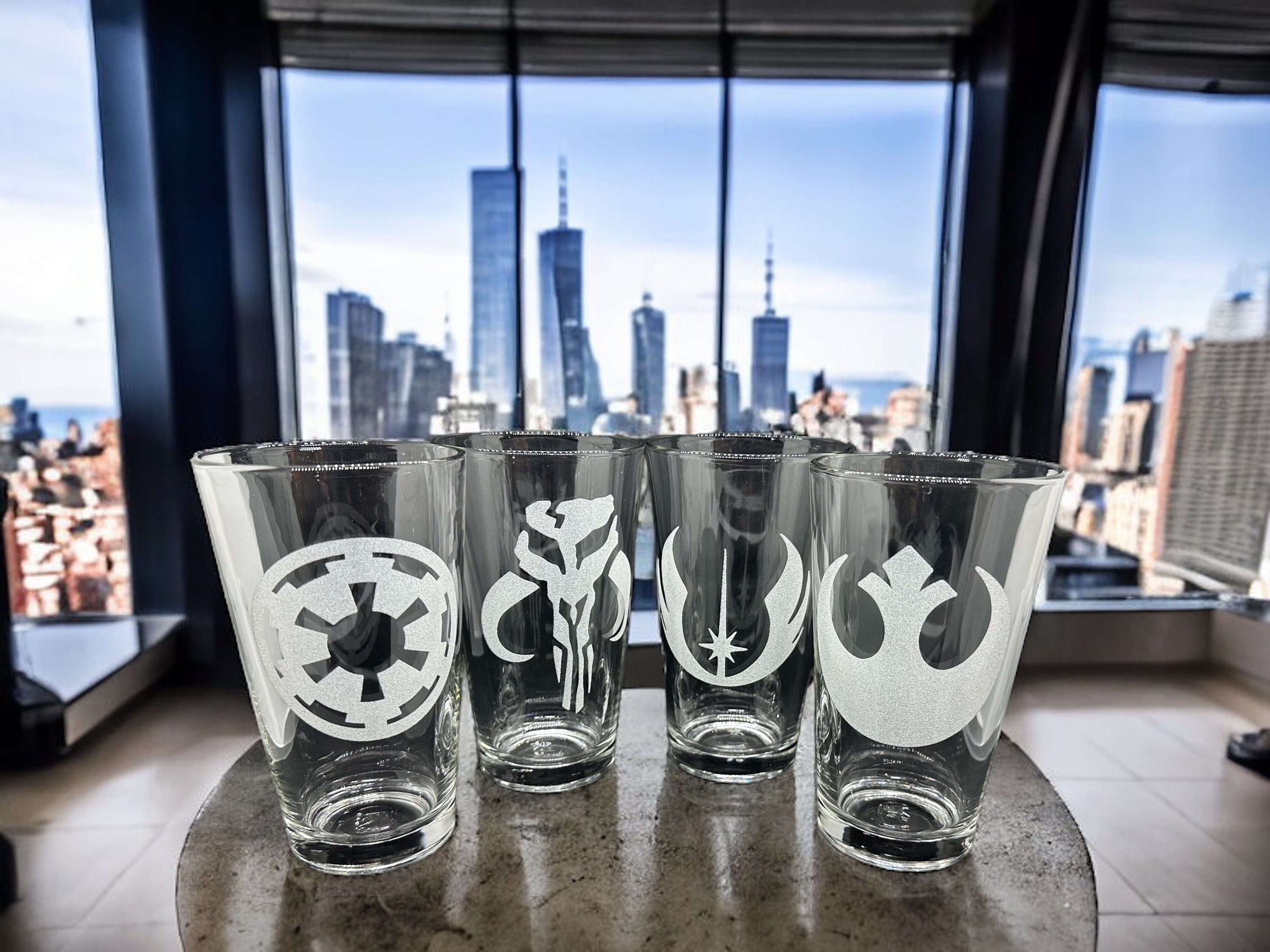 Star Wars Inspired Pint Glass Set of 4 Rebel Alliance, Mandalorian