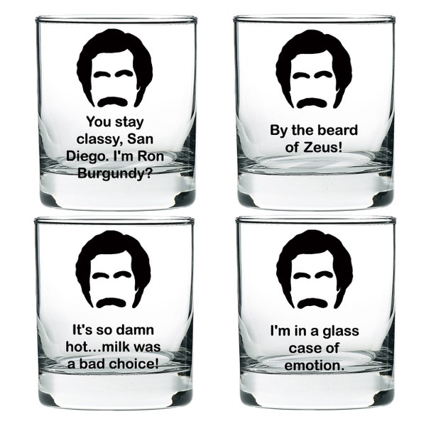 Ron Burgundy Inspired Engraved Rocks Glass Set of 4 Stay Classy San Diego, Beard of Zeus, Milk, Glass Case Anchorman Gift, Ron Burgundy Gift