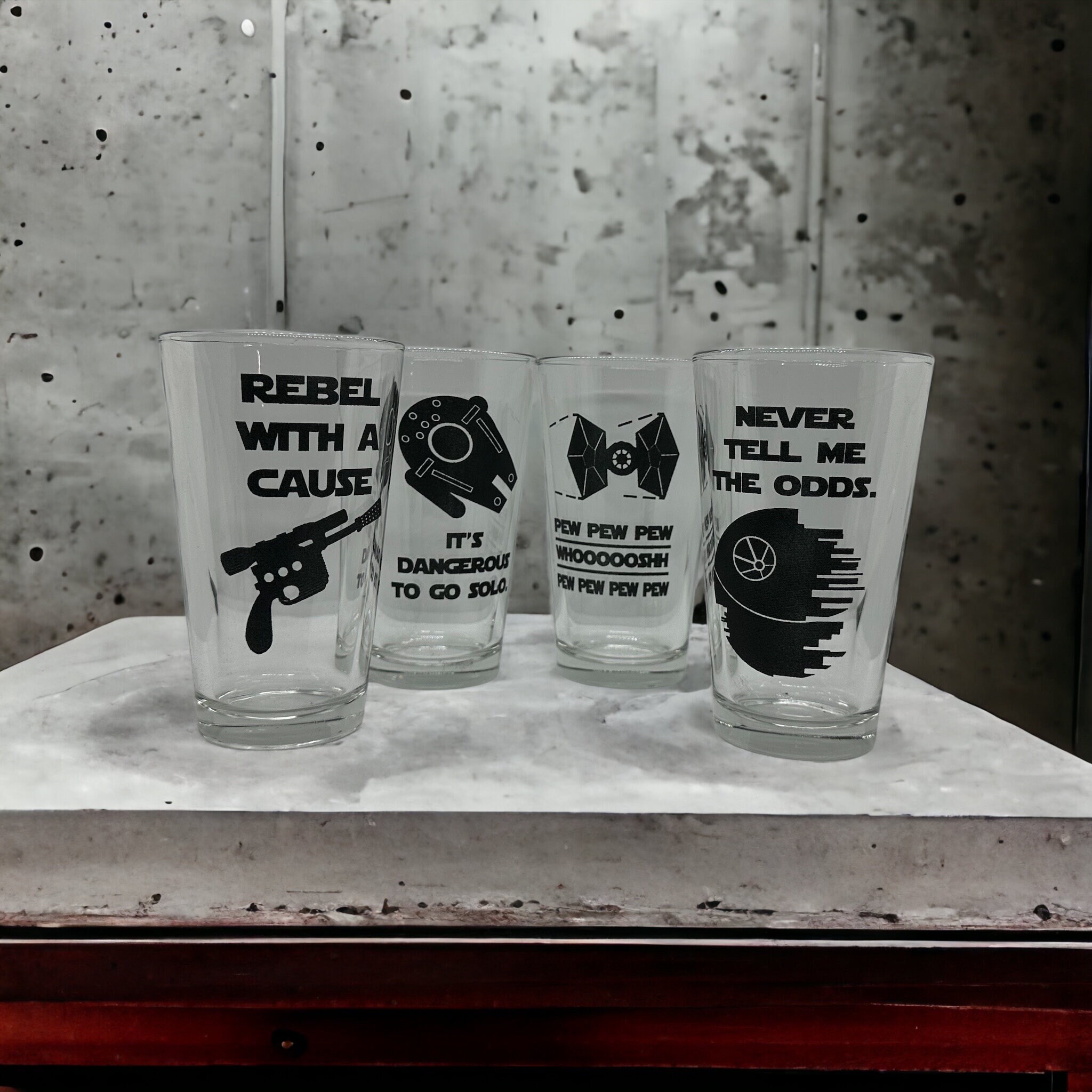 Jedi PINT Glass Set of 4: Rebel Pew pew pew Dangerous to go 