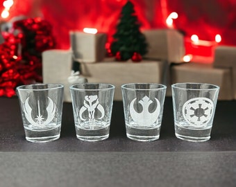 Star Wars Shot Glasses Set of Four: Mandalorian, Jedi Order, Rebel Alliance, Galactic Star Wars gift, engraved Star Wars Birthday Gift