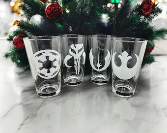 Engraved Star Wars Pint Glass Set of 4: Rebel Alliance, Mandalorian, Jedi, Galactic Unique Star Wars Christmas Gift for Adults, Beer Glass
