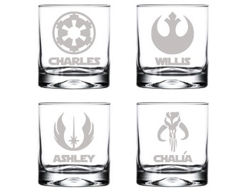 Personalized Star Wars Inspired Rocks Glass Set of 4 Rebel, Mandalorian Jedi Order Galactic Empire Star Wars Gift Whiskey Drinking Glasses