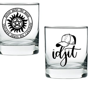 SPN gift Supernatural Gifts Set of 2 Rocks Glasses: Anti-Possession Shotgun Shuts His Cakehole, Bobby Idjit, Engraved Supernatural Glasses.