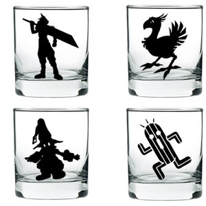 Final Fantasy Gift Rocks Glass Set of 4: Vivi, Cactuar, Cloud, Chocobo ENGRAVED Final Fantasy inspired Father&#39;s Day gift for the Gaming Dad