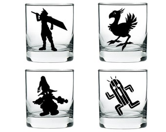 Final Fantasy Gift, lot de 4 verres à roche, Vivi, Cactuar, Cloud, Chocobo GRAVÉ Cadeau de fête des pères inspiré de Final Fantasy pour le père joueur