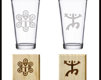 Puerto Rico gift Pint Glass: Taino Coqui, and Puerto Rican Flag.  Set of TWO Laser Engraved Pint Glass & Coasters set. Taino Indians Art.