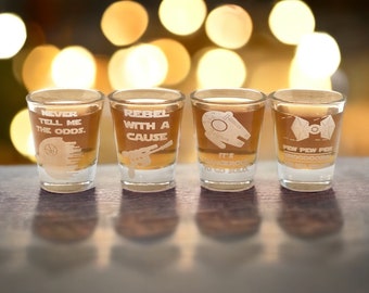 Star Wars Shot Glasses Set of Four: Star Wars Gift Rebel Pew pew Millennium Falcon Death Star Shot Glass Star Wars Gift for Dad Father&#39;s Day