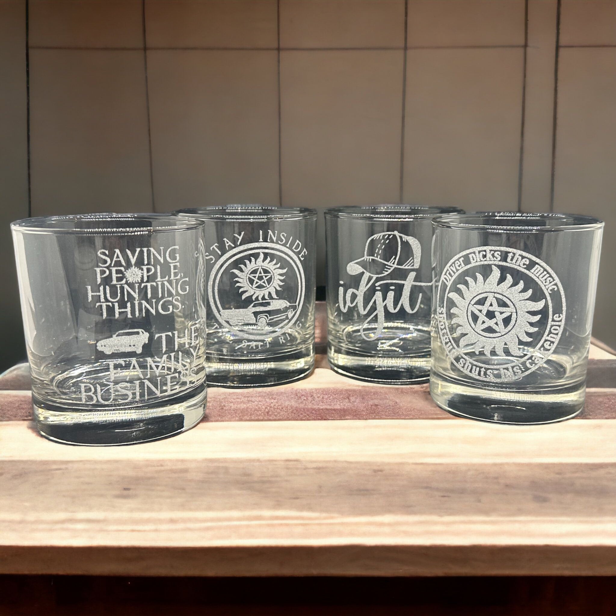Supernatural Gift Rock Glass Set of 4 Anti-Possession, Saving People Hunting Things 1967 Impala (baby), stay inside the slat right. SPN.