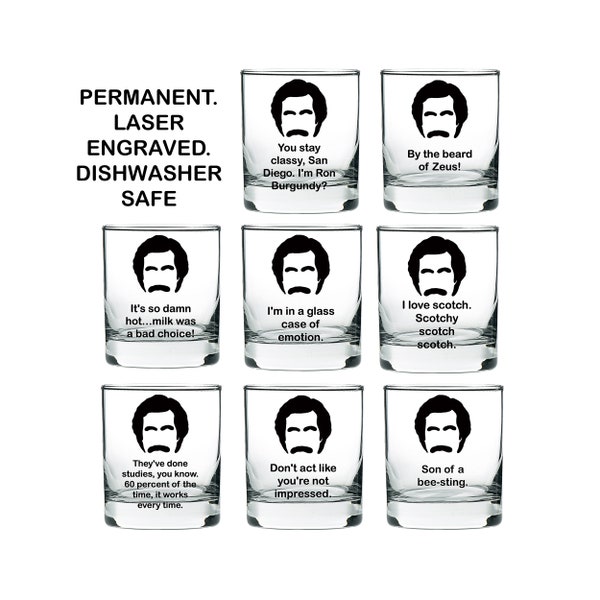 Ron Burgundy Inspired Engraved Whiskey Glasses: Build Your Own Set, Ron Burgundy Funny Quotes, Stay Classy San Diego, Ron Burgundy Whiskey