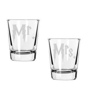 Mr. Mrs. Shot Glass Set of 2 Engraved Potter Wedding Toasting Shots Glassware Gift Potter Wedding Gift Couples Gift Anniversary Gift Always