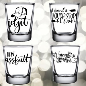Supernatural Gift Set of 4 Shot Glasses: Supernatural Shot Glasses, Idjit, Hey Assbutt, Castiel Quotes, Bobby, Dean, Winchester Christmas