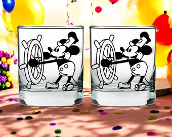 Verres Willie bateau à vapeur, lot de 2 verres à whisky Mickey rétro gravés, verres à bourbon, ensemble de verres souris, cadeau Mickey pour lui ou papa