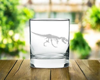 Verre à whisky gravé squelette T-REX 10 oz, cadeau dinosaure, décor paléo, objet de collection histoire ancienne, os de T-Rex, cadeau pour amoureux des dinosaures