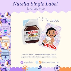 Op de afbeelding: Digitaal bestand met een Nutella single label ontwerp. De afbeelding bevat een Nutella pot en een label met een cartoon illustratie van een baby. Het bestand is direct te downloaden en kan worden bewerkt in Canva en Studio.