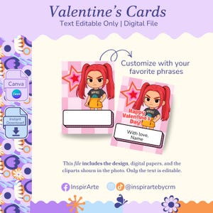 May include: Digital Valentine's Day cards with a cartoon girl illustration. The cards have a pink and white checkered background, a star, and space for custom text. The text on the card says "Happy Valentine's Day!!" and "With love, Name".