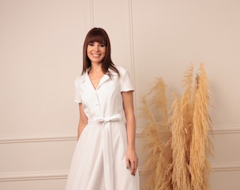 Plus size jurk, cocktailjurk, damesjurk, witte jurk, roest, damesjurk, knielengte, jurk met korte mouwen, jurk uit de jaren 50