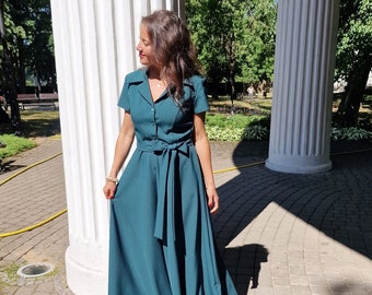 Blue Collar Dress, Summer Shirt Dress, Cotton Midi Dress, Women's Clothing,  Dress With Pockets and Belt, Bridesmaid Dress, Cocktail Dress - Etsy