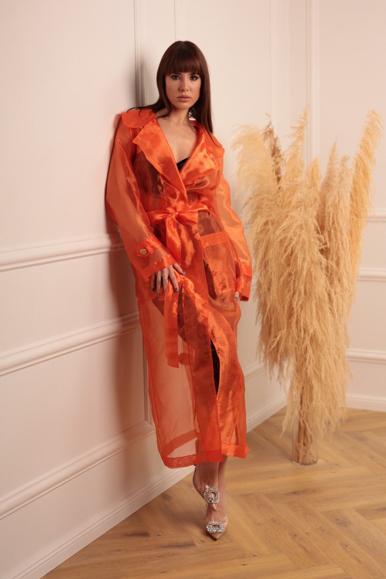 Women's elegant organza trench coat, orange coat, chic style. chic raincoat for going out image 1