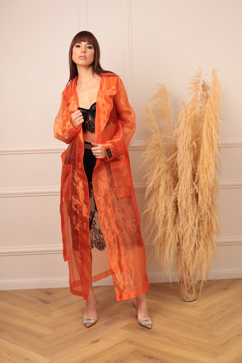 Women's elegant organza trench coat, orange coat, chic style. chic raincoat for going out image 4