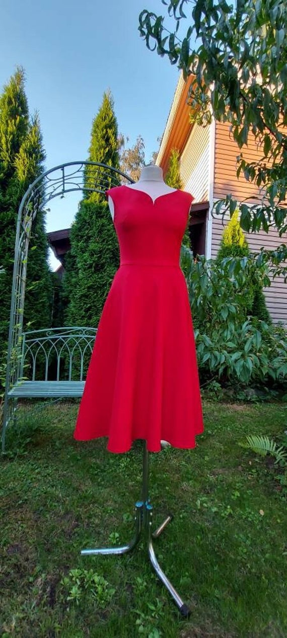 knee length dresses for ladies Red Retro Midi Dress Rockabilly Vintage Pinup Party Wedding Guest Bow –  Skelapparel