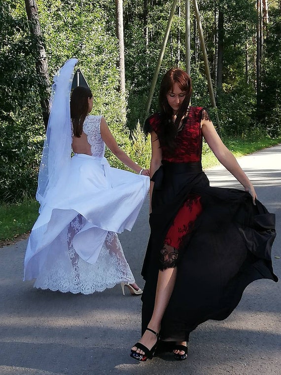 bridesmaid dresses red black and white A-line Floor-length V-neck Sleeveless Dark Red Bridesmaid Dresses, BD0 –  RomanBridal