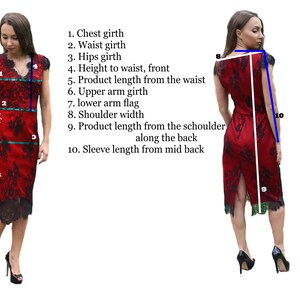 K&ouml;nnte beinhalten: Ein rotes Spitzenkleid mit V-Ausschnitt und figurbetonter Silhouette. Das Kleid hat einen schwarzen Spitzenbesatz und einen Schlitz im R&uuml;cken. Das Kleid wird an einem Model gezeigt, wobei die Ma&szlig;e f&uuml;r verschiedene Teile des Kleides beschriftet sind.