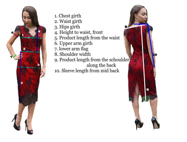 K&ouml;nnte beinhalten: Ein rotes Spitzenkleid mit V-Ausschnitt und figurbetonter Silhouette. Das Kleid hat einen schwarzen Spitzenbesatz und einen Schlitz im R&uuml;cken. Das Kleid wird an einem Model gezeigt, wobei die Ma&szlig;e f&uuml;r verschiedene Teile des Kleides beschriftet sind.