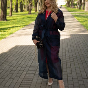 Women's elegant organza trench coat, blue nevi color coat, chic style. chic raincoat for going out image 1