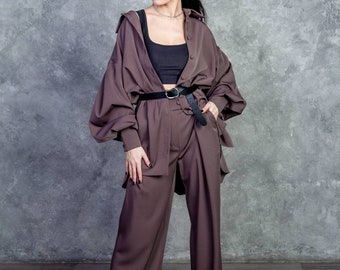 Women trouser suit. Fashionable and modern. front pleated trousers. Women's shirt over size. women's blouses. long sleeve. casual.