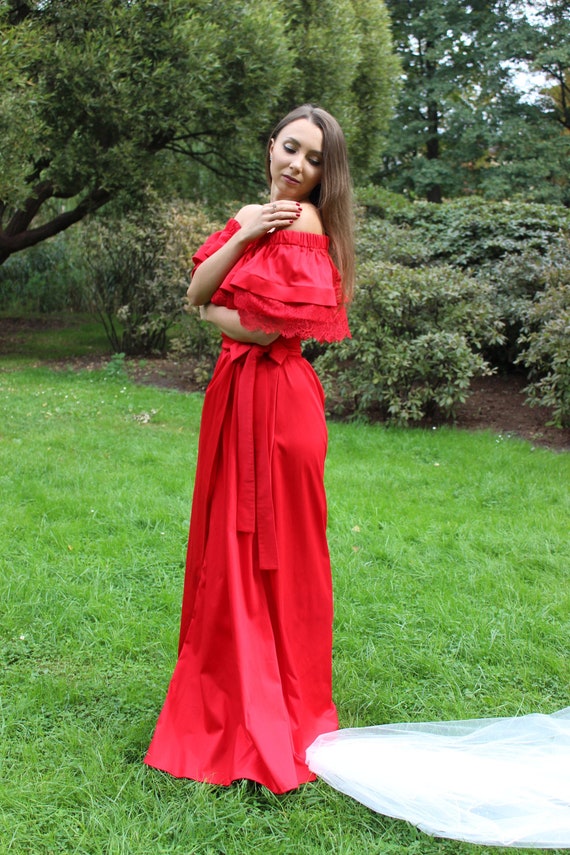 Women's RED Long Wedding guest Dress with Off Shoulders and Waves on the Shoulders, with Pockets 100% Cotton Valentine's Day Women's RED Long Wedding guest Dress with Off Shoulders and Waves on the Shoulders, with Pockets 100% Cotton Valentine's Day