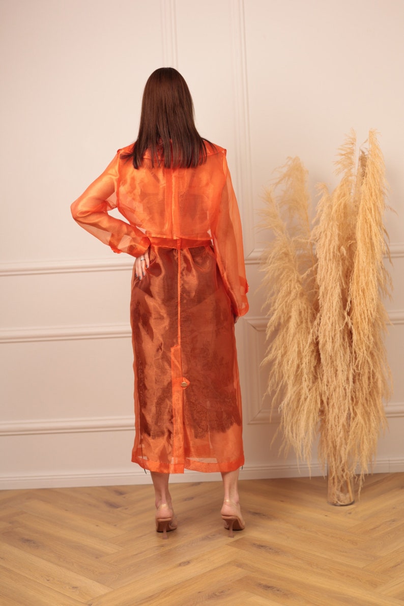 Women's elegant organza trench coat, orange coat, chic style. chic raincoat for going out image 3