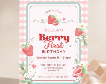 Berry First Birthday Invitation: Strawberry Theme, Pink (Canva Digital Download, Printable Template)