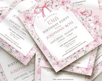 Girl's Pink Bow Birthday Invitation, 5x7" Floral Rose Design, All Ages, Digital Canva Template